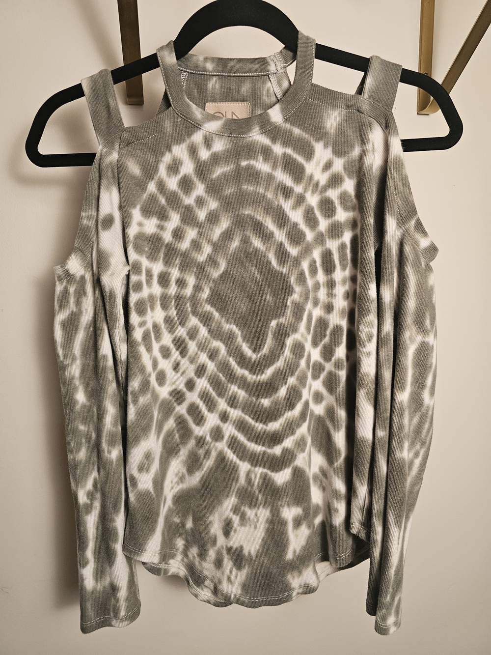 Chaser Olive and White Tie-Dye Cold-Shoulder Long Sleeve Top